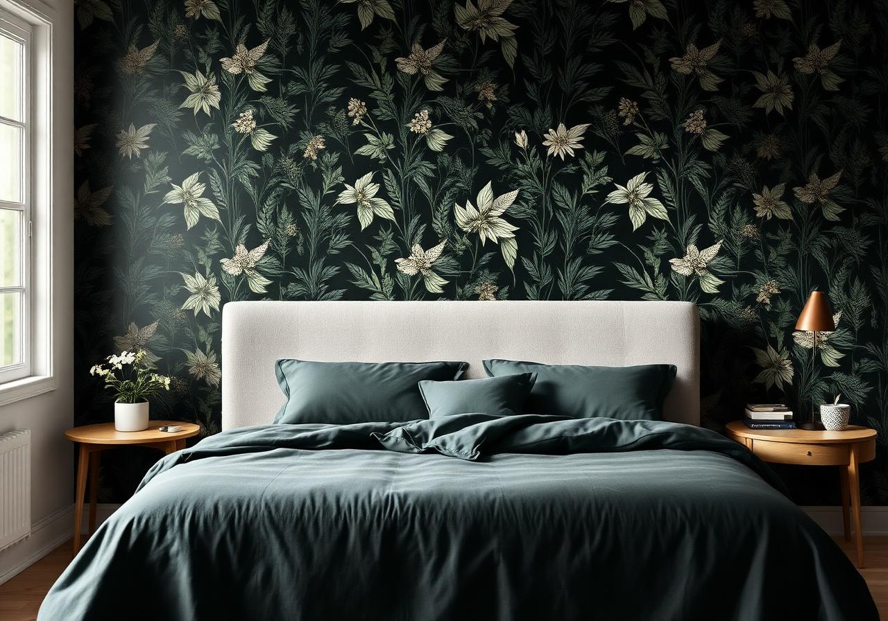 Botanisch behang in slaapkamer