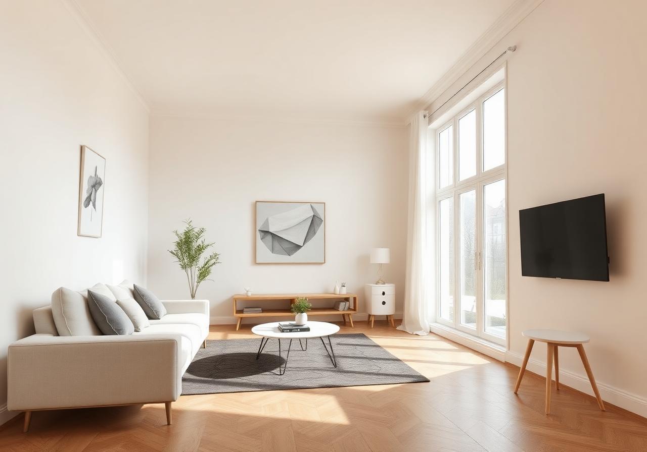 Lichte woonkamer met perfect afgewerkte muren